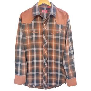 Red Ranch Western Pearl Snap Shirt Mens Large Brown Plaid Cowboy Button Up Rodeo